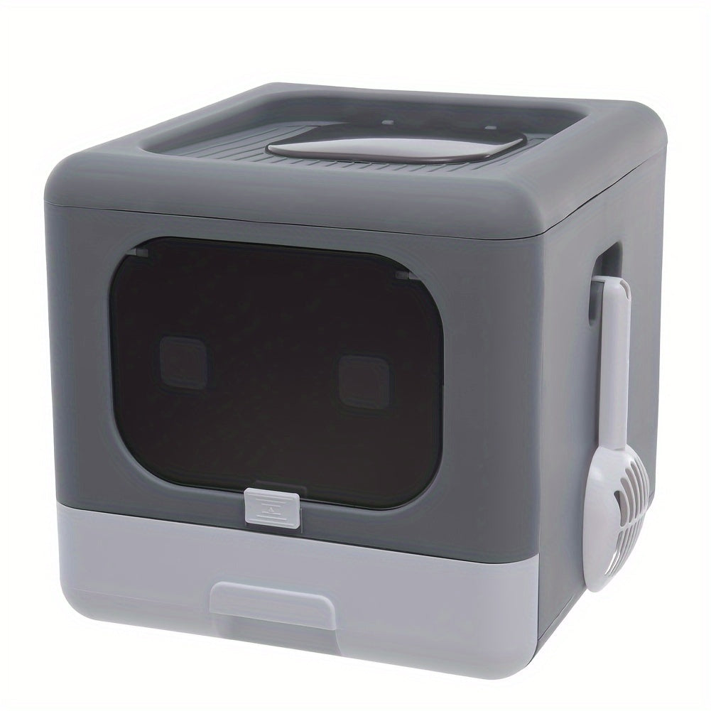 Cat Litter Tray Box: Foldable Top Entry Large Cats Toilet With Lid - Hooded Kitten Litter Tray Easy Cleaning Drawer Design With Scoop Grey