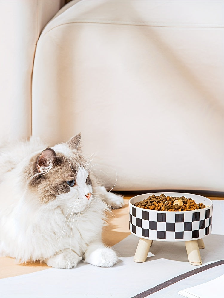 Elevated Whisker Delight Cat Bowl - Vibrant Graphic Pattern, Sturdy Wooden Stand, Easy-to-Clean, Raised Design - Perfect for Indoor Feline Friends, Spacious Feeder Bowl, Convenient Water Basin