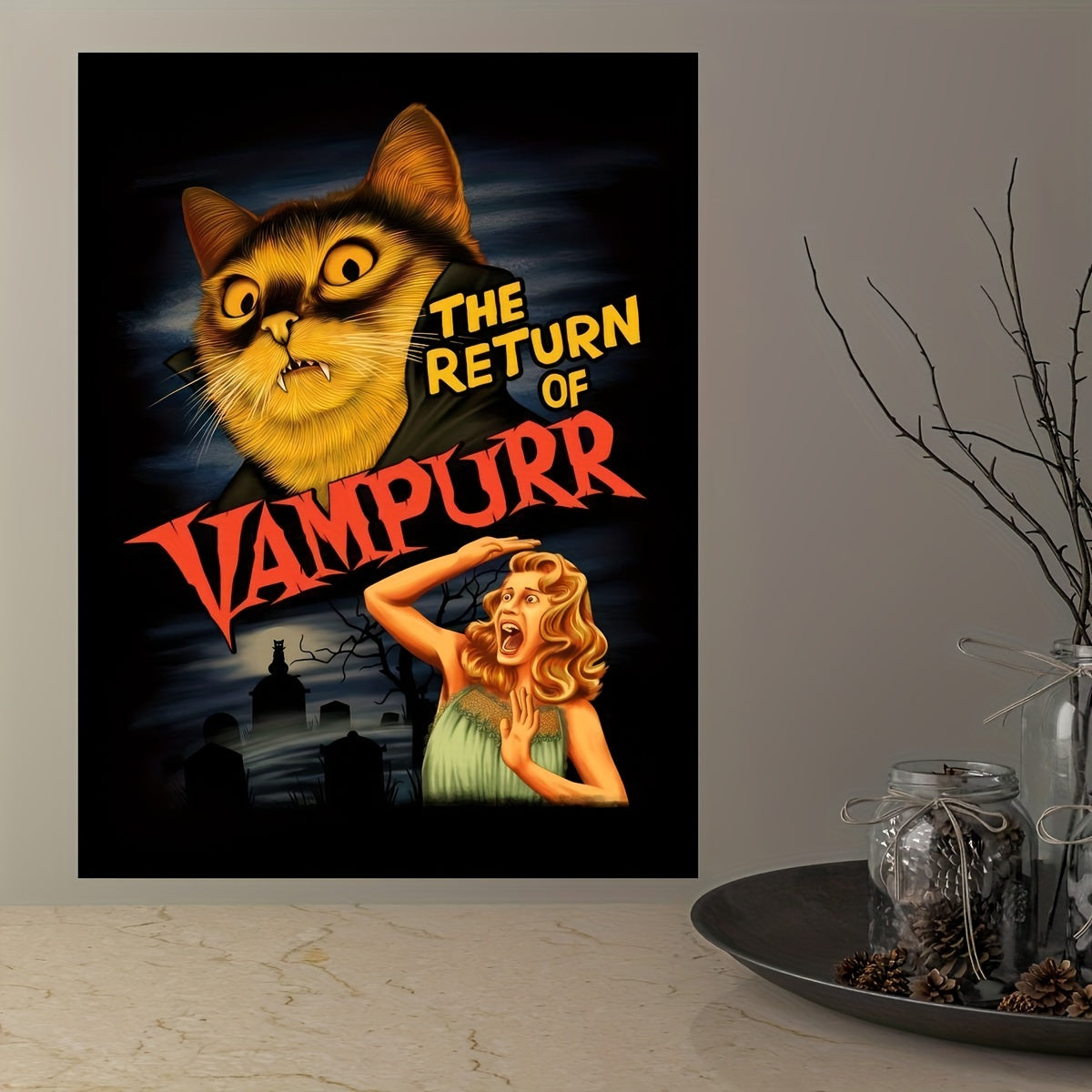 1pc "The Return of Vampurr" Canvas Poster - Vintage Horror-Comedy Cat Lover Wall Art, Frameless, Pine Wood Canvas, Vertical Orientation for Living Room & Bedroom Decor