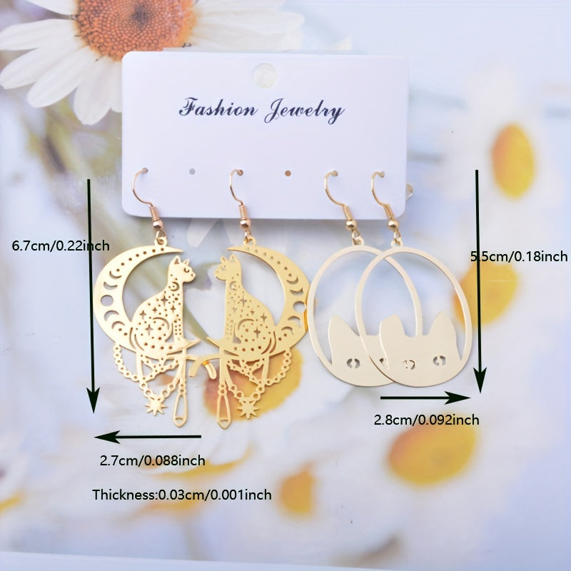2 Pairs/Set Whimsical Black Cat Moon Hanging Pendant Earrings - Fashionable Golden Color Drop Earrings Jewelry with Lovely Animal Design - Ideal Gift Choice for Girls and Cat Lovers