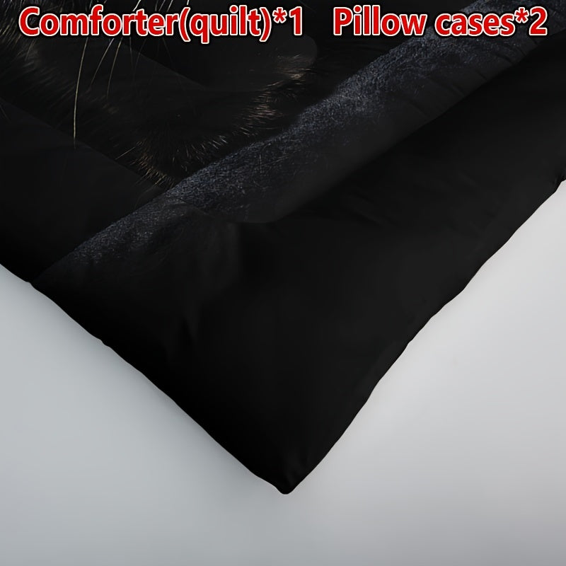 Charming Black Cat 3-Piece Bedding Set: Soft, All-Season Quilt with 2 Pillowcases - Breathable and Hand Washable