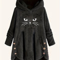 Cat Print Dipped Hem Plush Hoodie, Casual Long Sleeve Button Hoodie Sweatshirt, Women's Clothing
