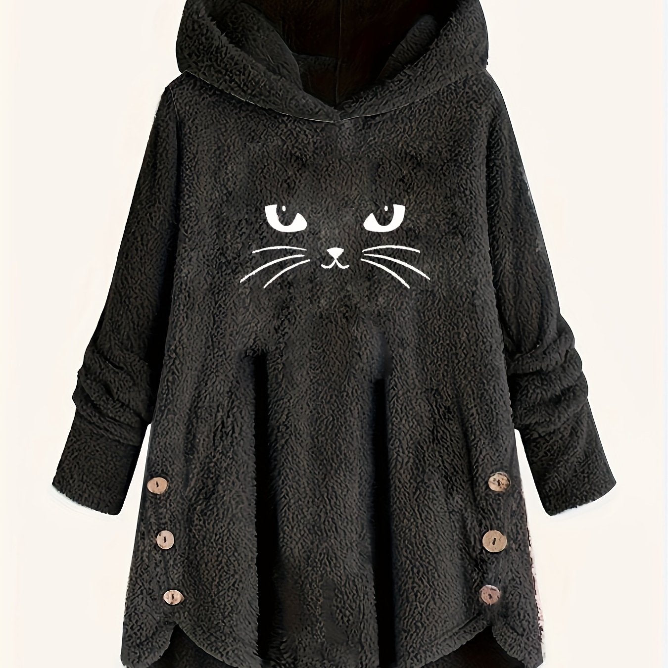 Cat Print Dipped Hem Plush Hoodie, Casual Long Sleeve Button Hoodie Sweatshirt, Women's Clothing