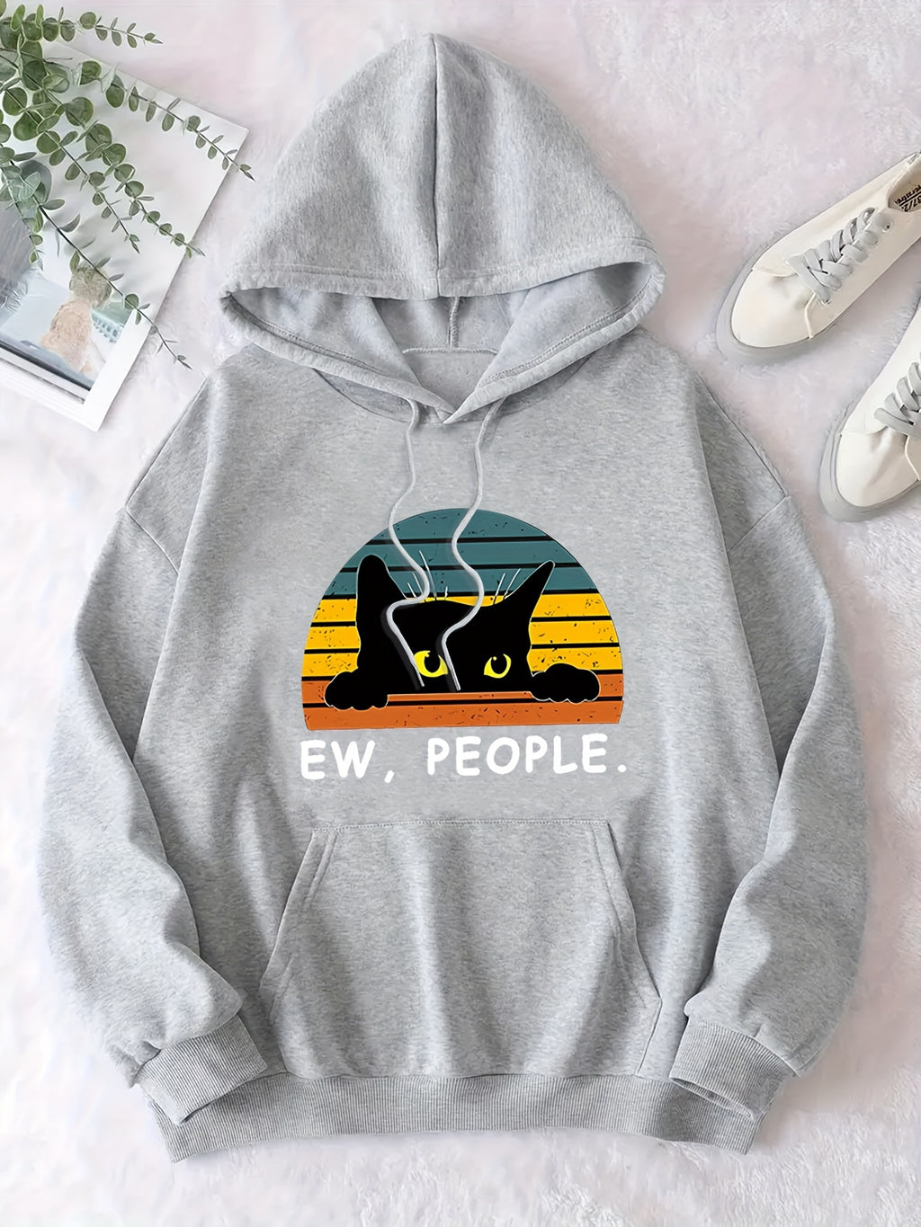 Cozy Cat Print Hoodie with Kangaroo Pocket - Perfect for Chilly Days, Comfortable & Easy Care Casual Wear for Women