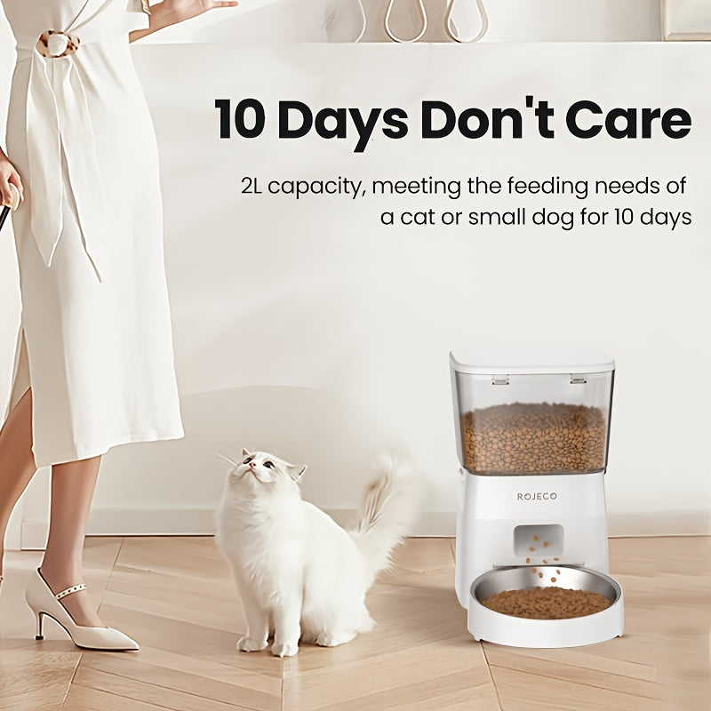 ROJECO Automatic Cat Feeder, 2L/68oz WiFi Automatic Cat Food Dispenser With App Control, Timed Cat Feeder With Stainless Steel Bowl & Dual Power Supply, 1-6 Meals, No Adapter Included