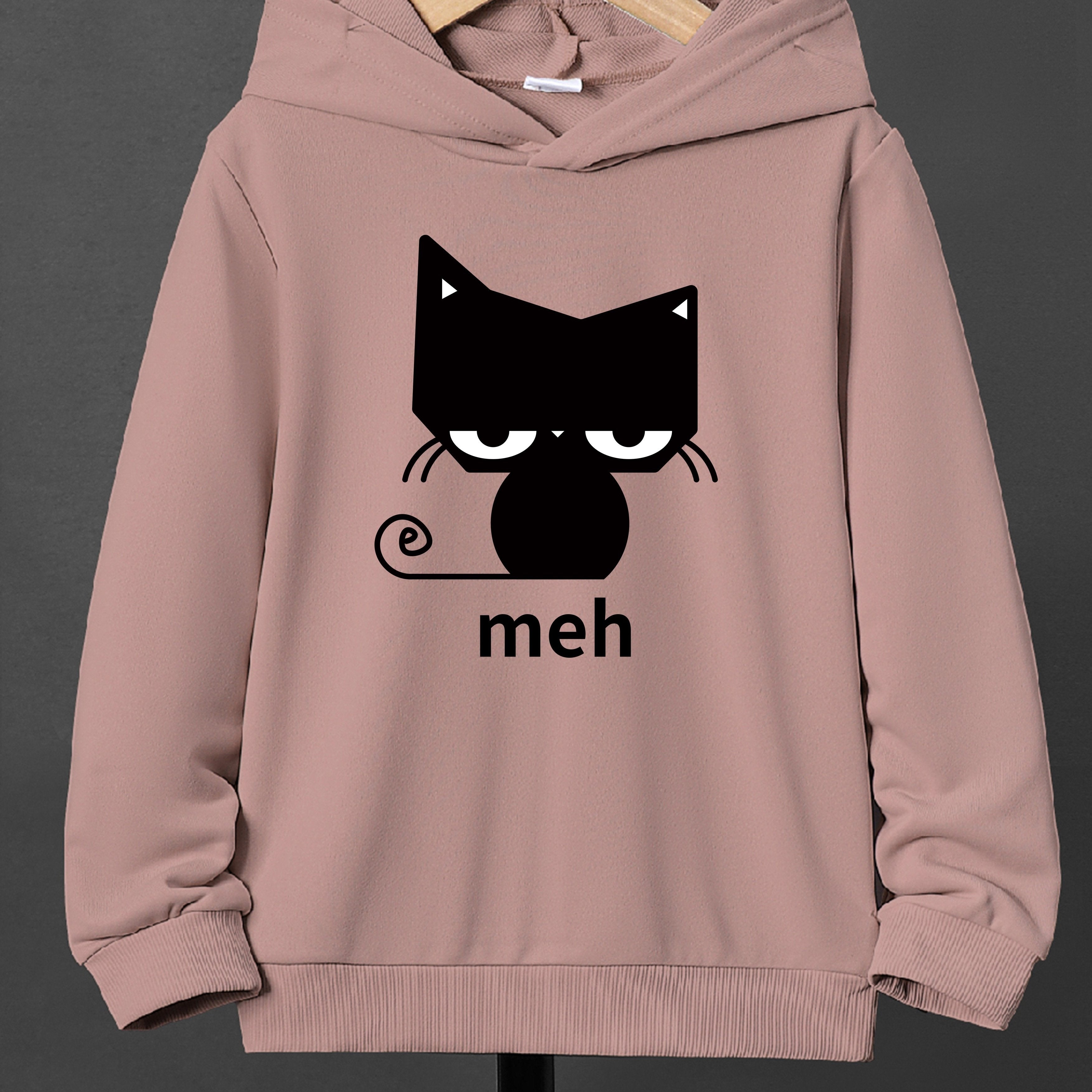 Boys' Casual Cat Print Hoodie - Comfortable Loose-Fit Long Sleeve Pullover for Fall/Winter, Easy Care, Knit Fabric