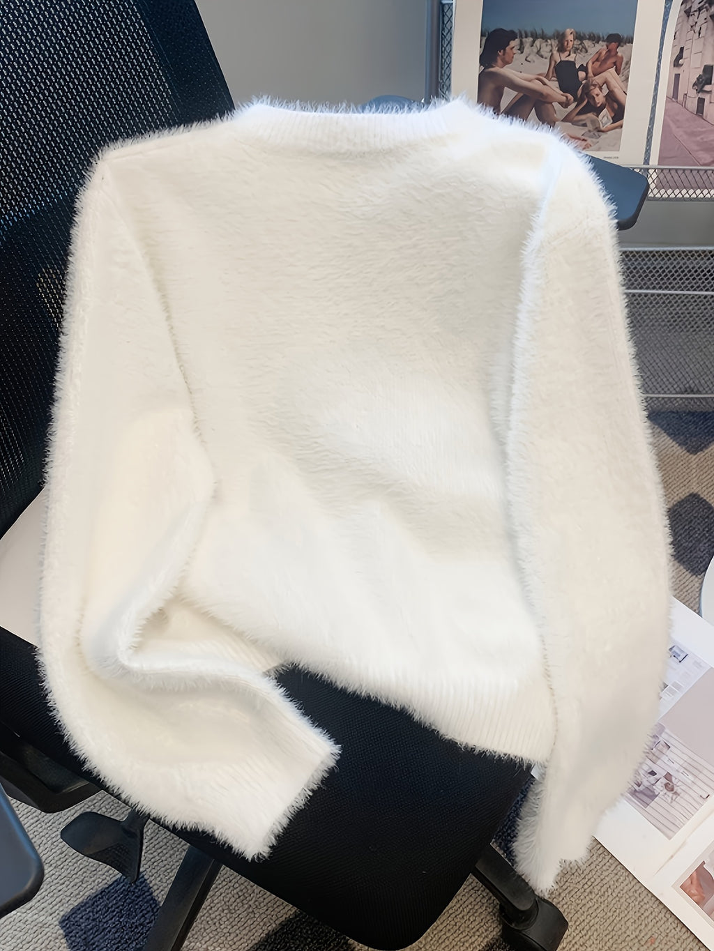 Cute Cat Pattern Plush Pullover Sweater, Casual Long Sleeve Loose Cozy Sweater, Women's Clothing