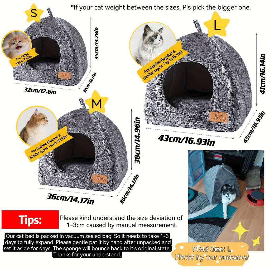 Foldable Plush Cat Cave - Classic Semi-Enclosed Nest with Soft Cushion Pad for Warmth, Comfort, and Privacy