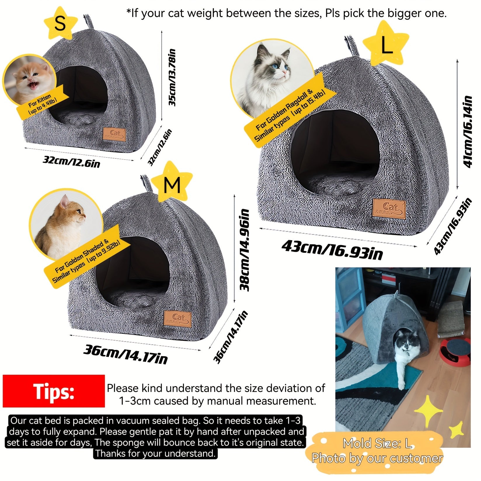 Foldable Plush Cat Cave - Classic Semi-Enclosed Nest with Soft Cushion Pad for Warmth, Comfort, and Privacy