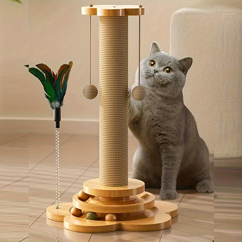 1pc Premium Solid Wood Cat Scratching Post Turntable - Interactive Teaser Stick & Scratch-resistant Board - Durable Sisal Climbing Stand for Playful Felines