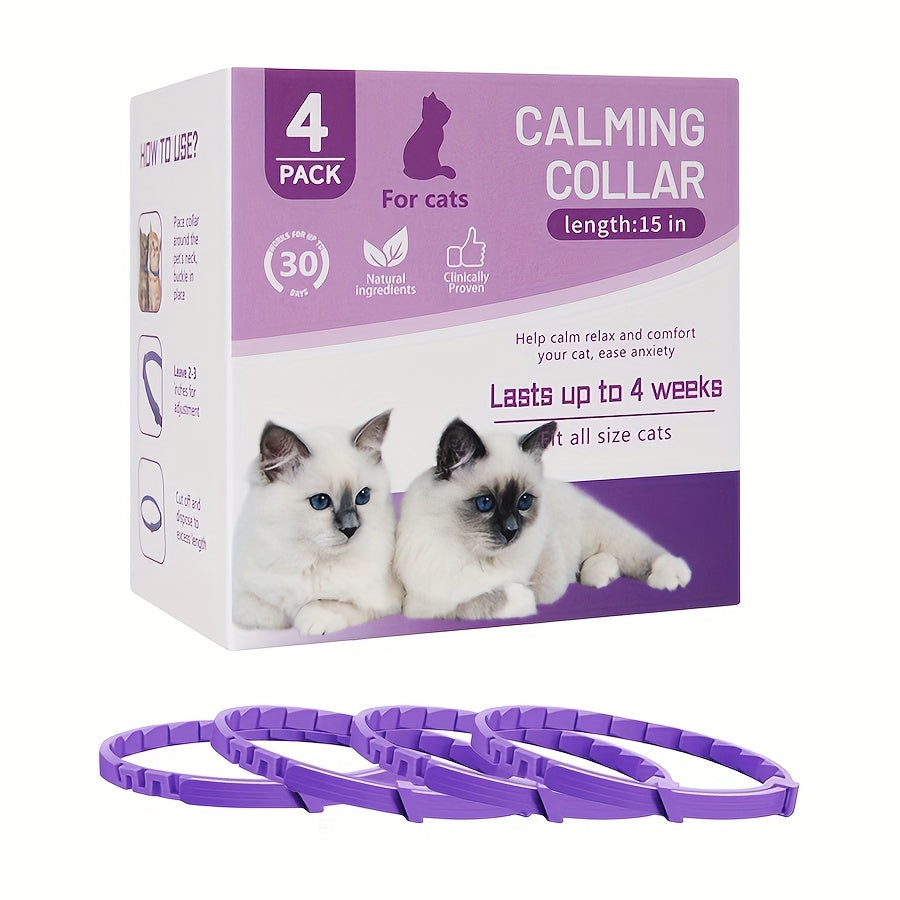 4pcs Calming Pheromone Cat Collars - Adjustable Breakaway Design, Relax for Cats & Kittens, Purple, 50g, Lasts Up to Weeks, Ideal for Small, Medium, Large Cats