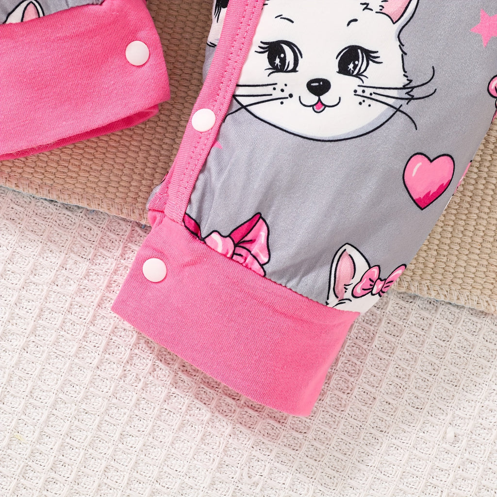 Newborn Baby Girls Cute Cartoon Cat Print Short-sleeved Comfortable Jumpsuit With Bow Headband Baby Summer Clothing