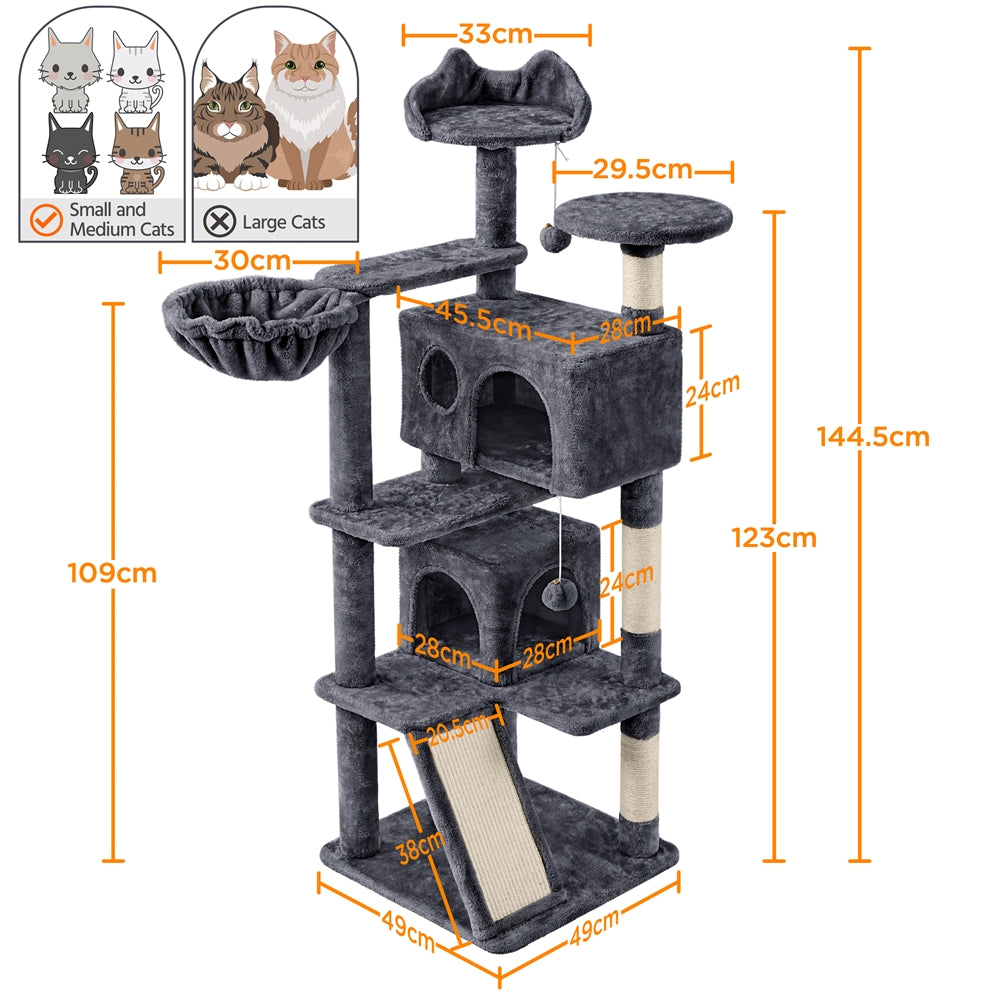 Costoffs Cat Tree, Cat Tree Tower, 145cm Multi-Level Cat Tree Tower with 2 Condos, Dangling Balls, Ladder, Sisal Scratching Posts, Round Platform, Cosy & Stable Indoor Cat Kitten Furniture, Activity Centre, Scratching Tree