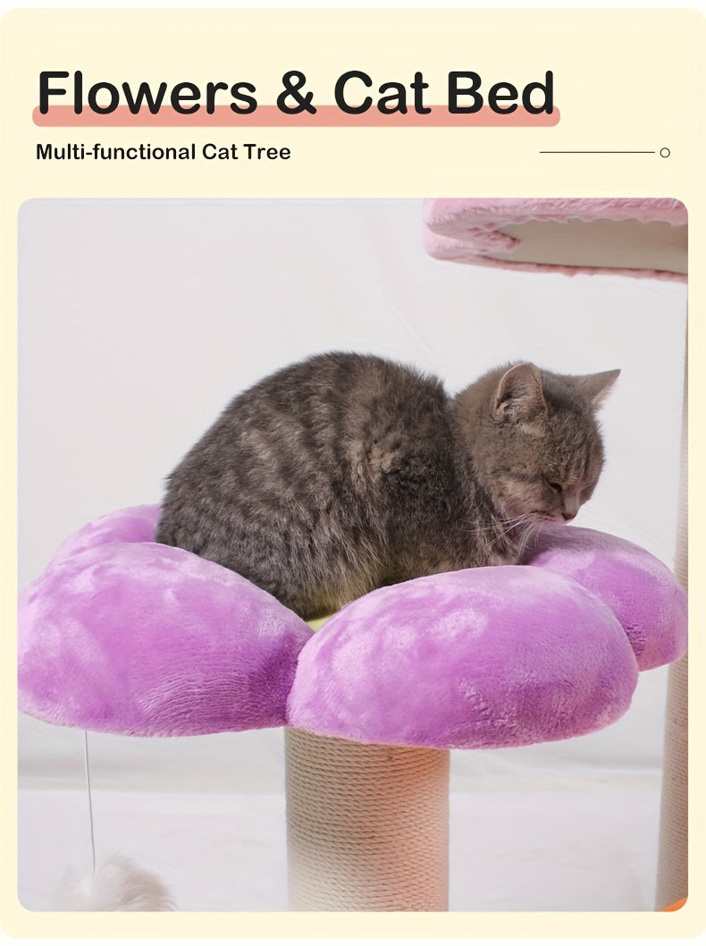 Whimsical Flower Blossom Cat Tower - Multi-Level Cat Scratching Post with Sisal Rope, Plush Perch, and Jumping Platform for Kittens and Cats - Sturdy, Space-Saving, and Easy to Assemble