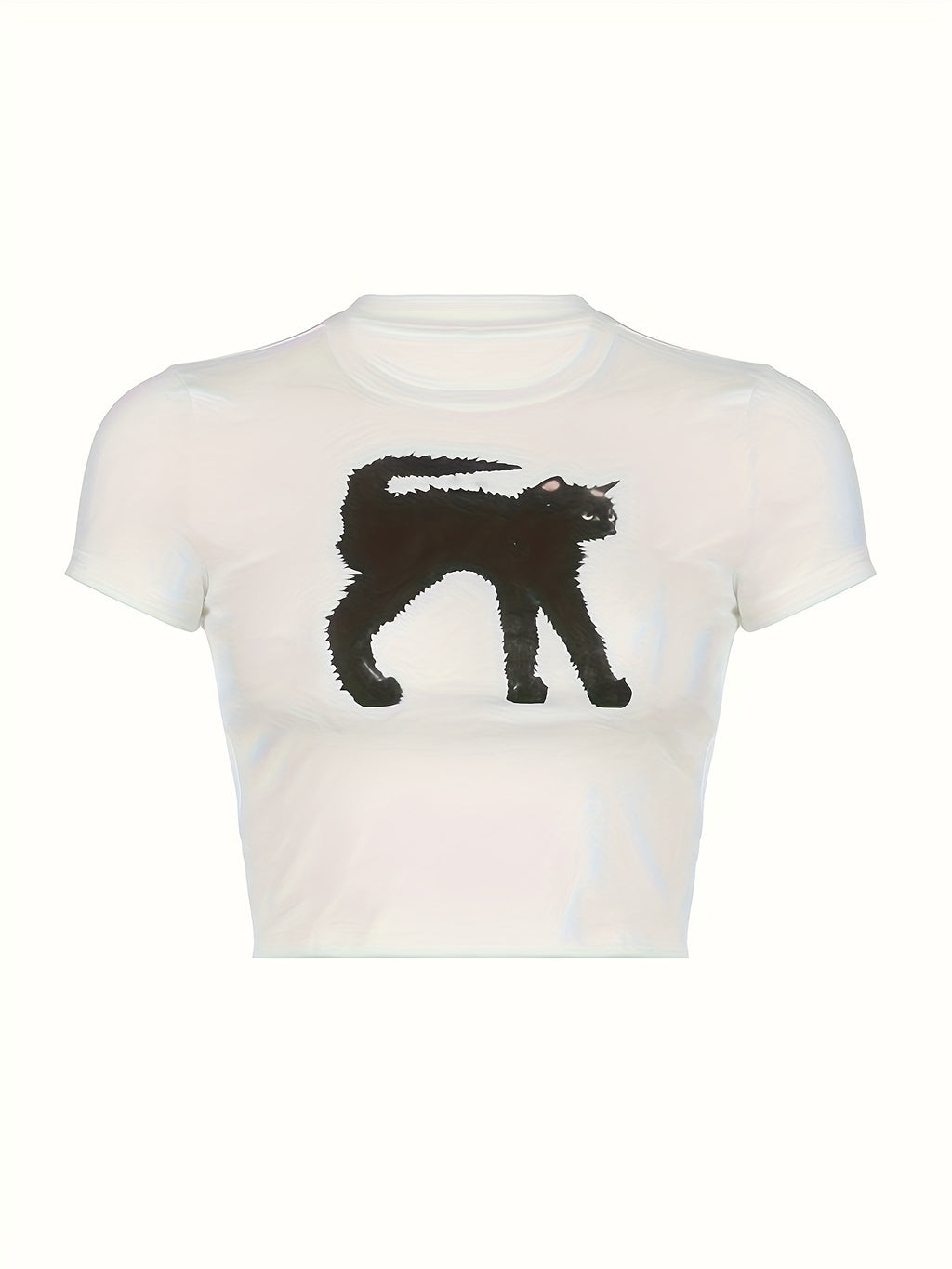 Cat Print Crew Neck T-shirt, Y2K Short Sleeve Crop Top, Women's Clothing