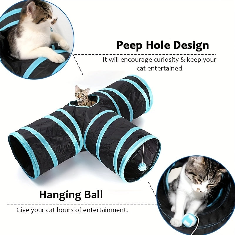Large Collapsible Cat Tunnel with Play Ball & Interactive Peek Holes - Multi-Level Tunnel System for Indoor Cats, Kittens, Small Dogs - Heavy-Duty Tube with Blue Piping, Portable Hideout for Play & (Easy Assembly