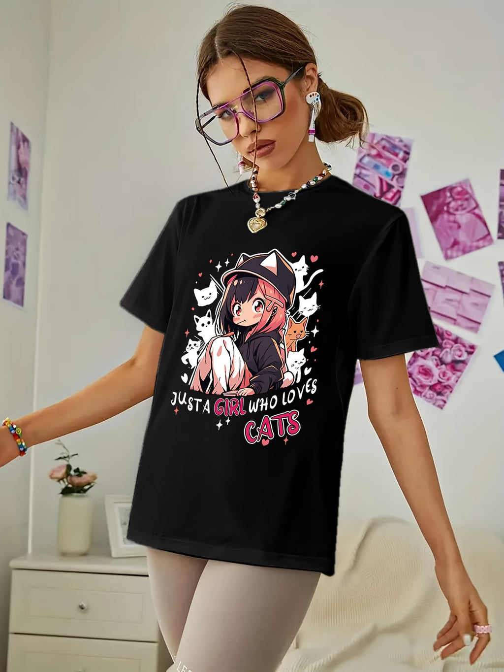Women'S Anime Cat Lover Graphic T-Shirt - Black with Pink Lettering - Soft Stretchy Fabric Casual Everyday Tee - Cute Japanese Animation Shirt for Women - G7110, Allseason Apparel, Playful Design, Comfortable Fit, Streetwear