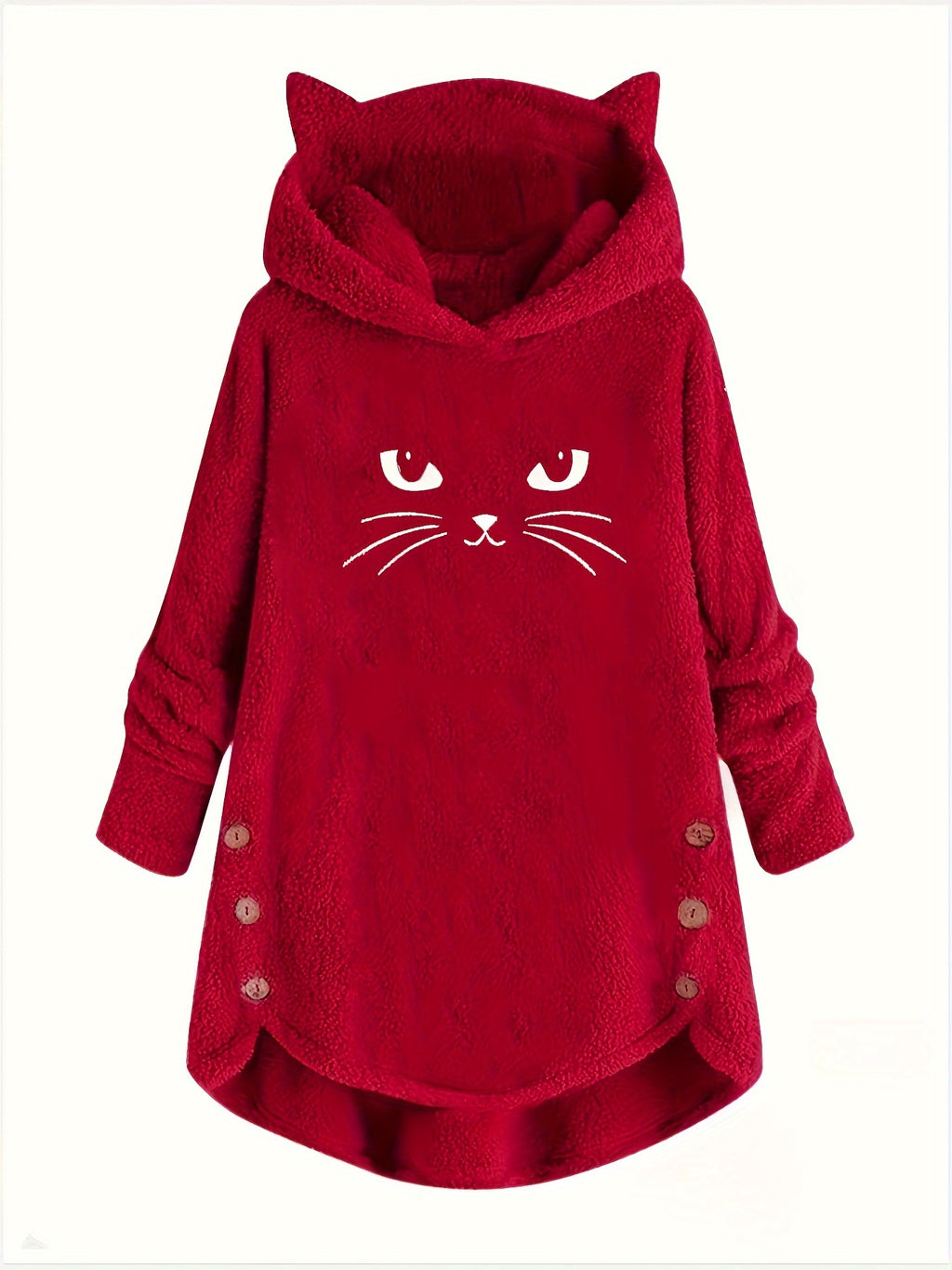 Cat Print Dipped Hem Plush Hoodie, Casual Long Sleeve Button Hoodie Sweatshirt, Women's Clothing