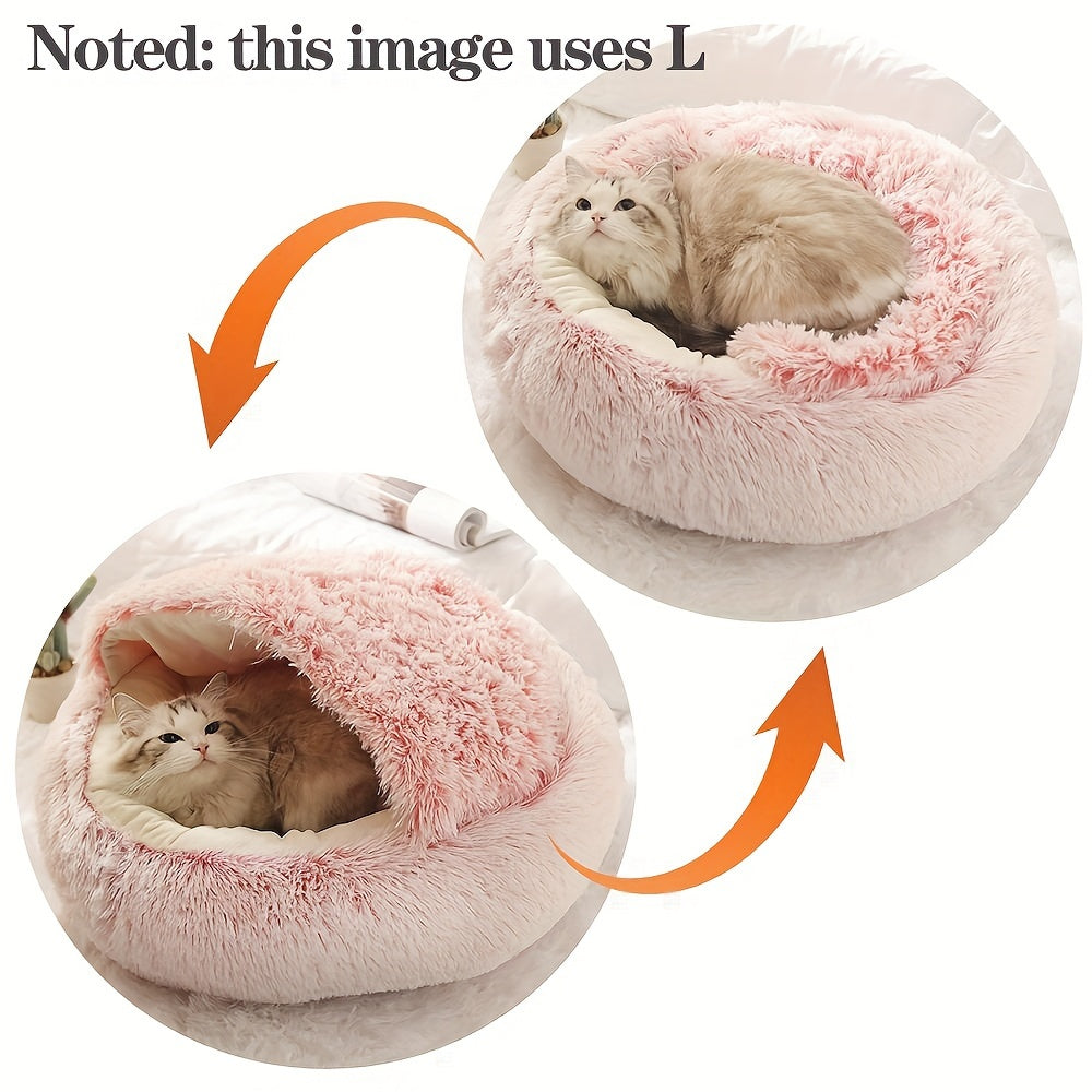 1pc Luxury Round Plush Hooded Pet Bed - Ultra-Soft & Cozy, Calming Anti-Anxiety Nest for Cats & Small Dogs - Perfect Indoor Haven for Restful Sleep