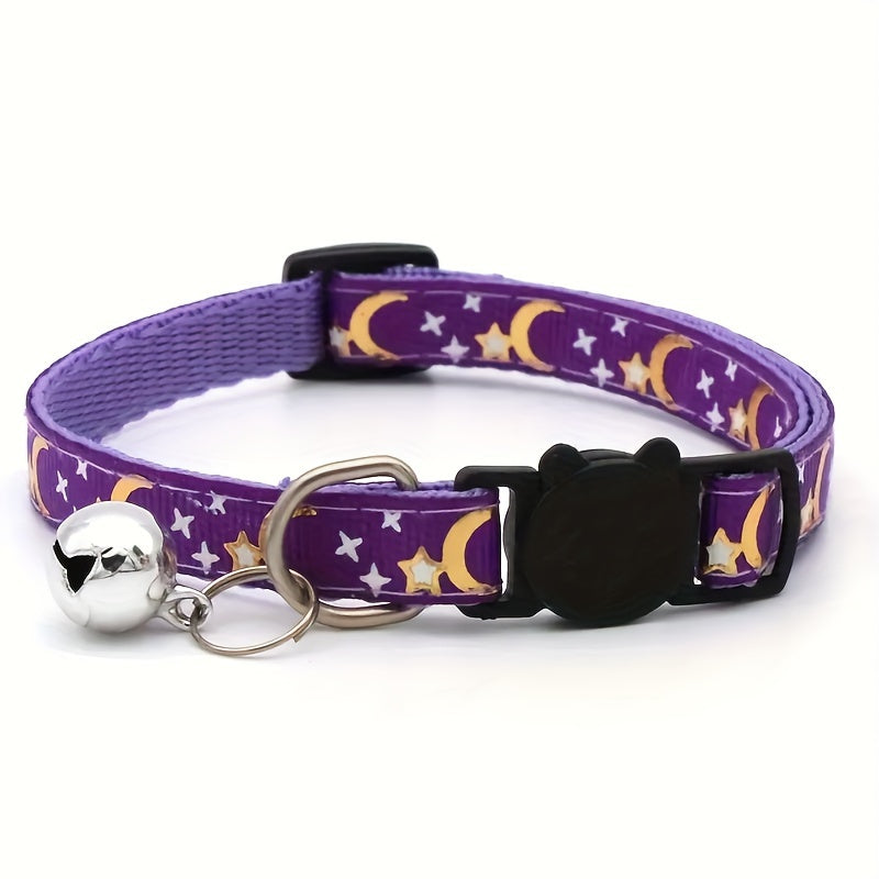 Stylish Adjustable Breakaway Cat Collar with Bell - Polyester Geometric Moon Star Pattern Necklace - Durable, Comfortable, and Safe for Your Feline Friend