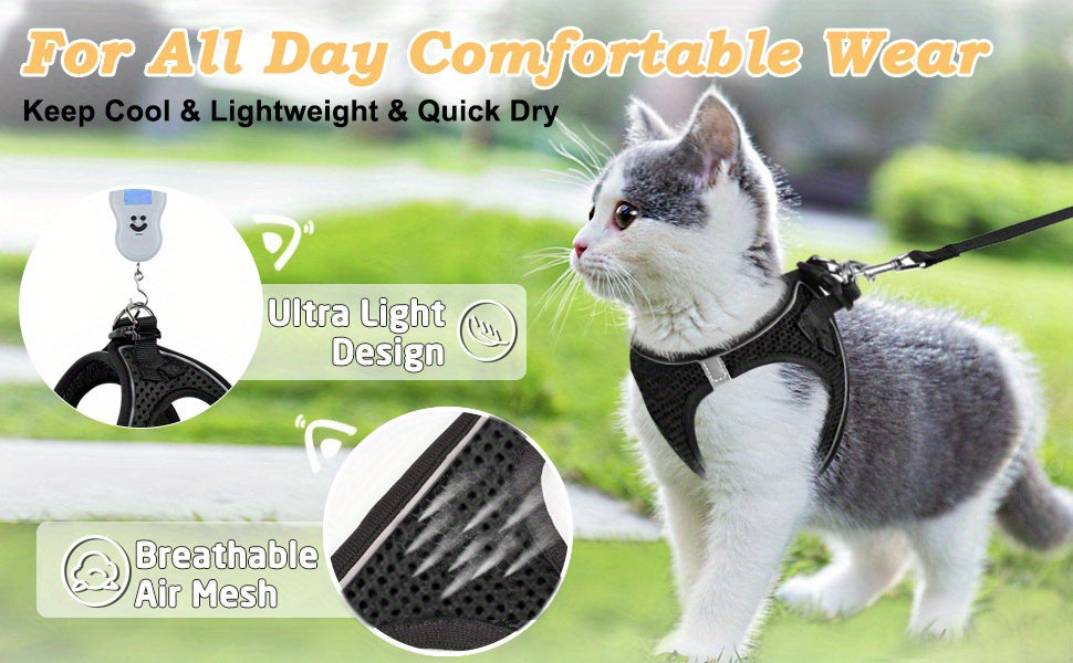 Escape-Proof Cat Harness & Leash Set: Reflective Soft Mesh Vest For Safe Outdoor Walks With Your Kitten
