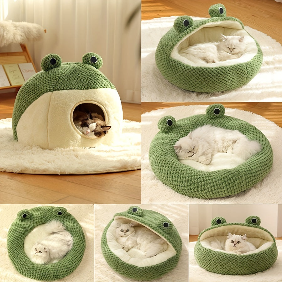 Cozy Frog-Shaped Pet Cave Bed - Soft, Self-Warming, Non-Assembled Indoor Sleeping House for Cats and Small Dogs - Perfect for Relaxation and Comfort