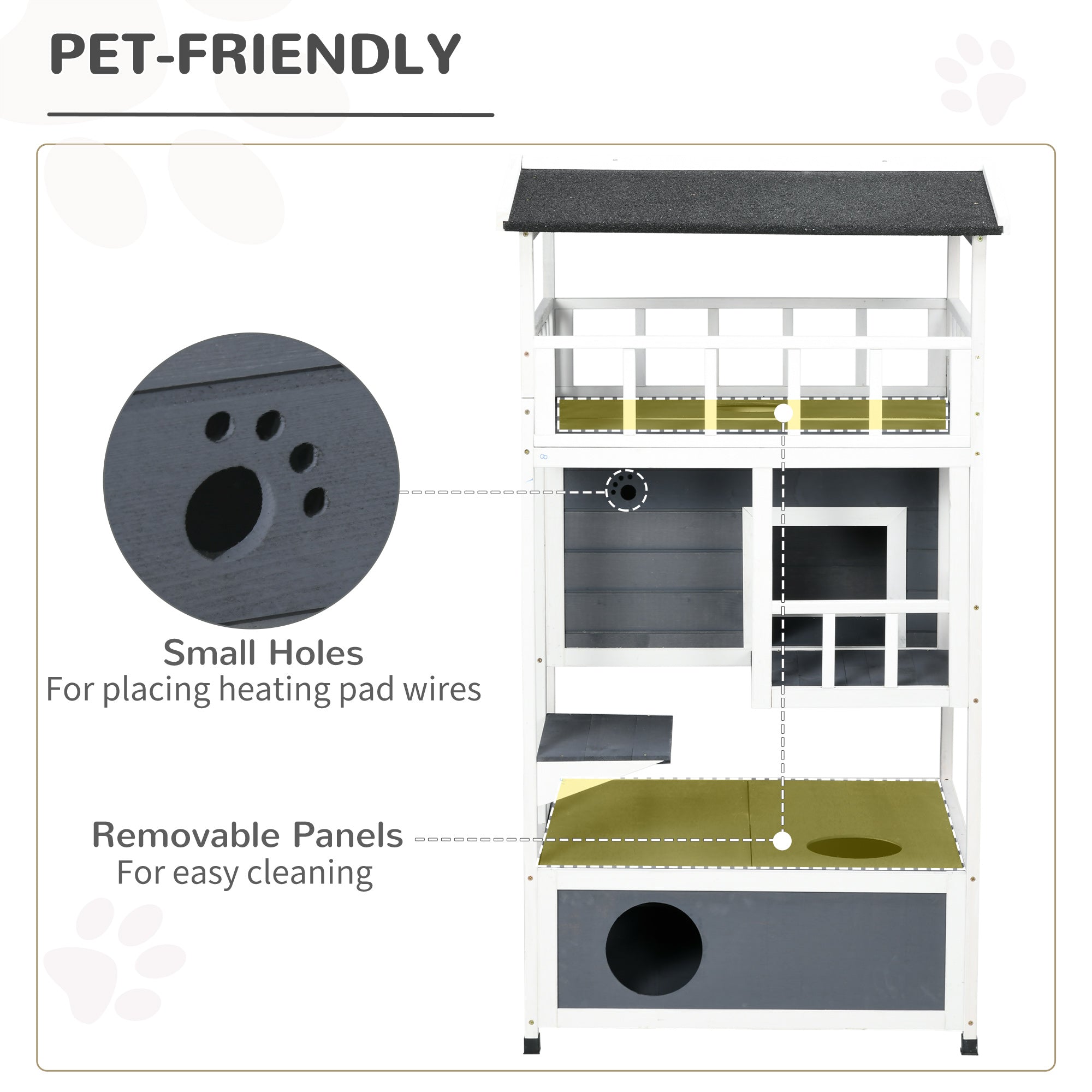 Wooden Outdoor Cat House 3-Tier for Winter Kitten Shelter Lodge w/ Tilted Roof Terrace Jump Step Bottom Tray Elevated Base Waterproof Paint