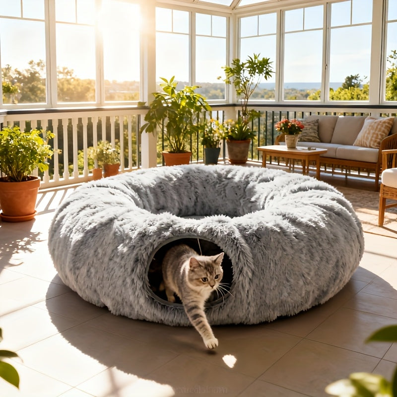 Plush 2in1 Cat Tunnel Bed | Winter Warm Donut-Style Cozy Nest with Enclosed Hideaway, Peekaboo Hole & Hanging Pom Pom Toy, Extra Thick Soft Pet Bed for Anxiety Relief and Deep Sleep, Non Slip Bottom, Perfect for Multi Cat Pla