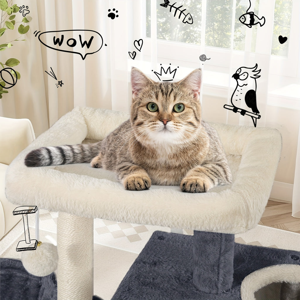 Hzuaneri 98cm Cat Scratching Post, Cat Tree, Kitten Scratching Post, Multi-layer Cat Scratching Post with Perches, Cat House Furniture with 2 Caves, Hemp Cat Scratching Post, Hammock, Cave, Dark Gray/Light Gray