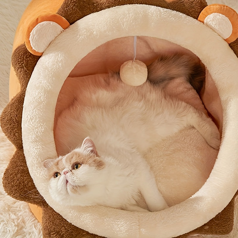 Cartoon Lion Shaped Cat Bed, Semi-enclosed Cat Kennel House Plush Cat Cave Nest For Indoor Cats