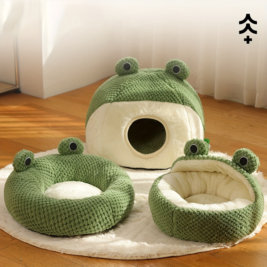 Cozy Frog-Shaped Pet Cave Bed - Soft, Self-Warming, Non-Assembled Indoor Sleeping House for Cats and Small Dogs - Perfect for Relaxation and Comfort