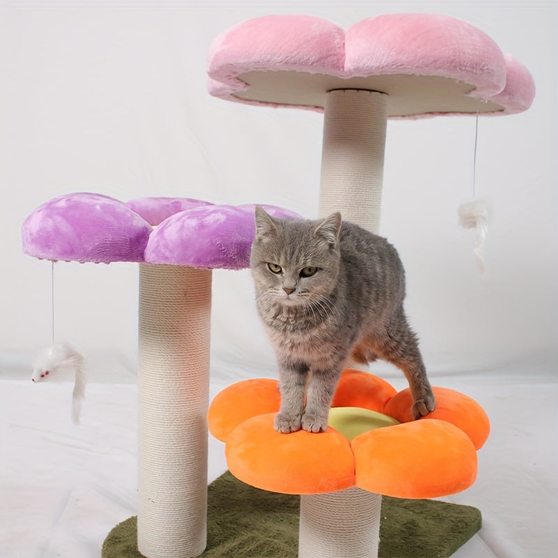 Whimsical Flower Blossom Cat Tower - Multi-Level Cat Scratching Post with Sisal Rope, Plush Perch, and Jumping Platform for Kittens and Cats - Sturdy, Space-Saving, and Easy to Assemble