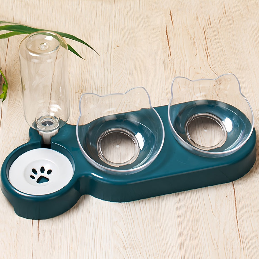 Elevated Cat Bowls With Water Dispenser, Double Pet Inclined Food And Water Bowl With Gravity Water Bottle