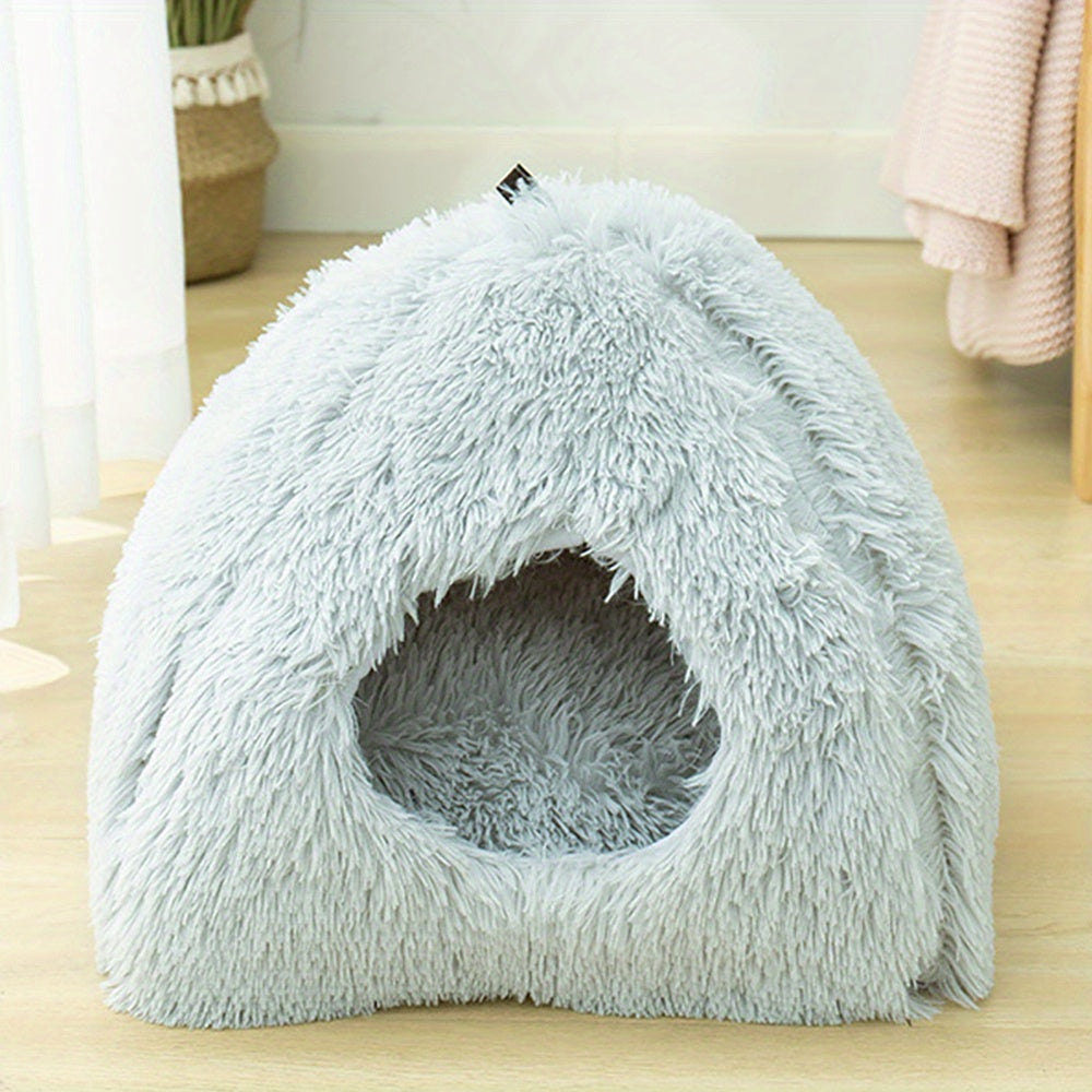 Long Plush Cozy Cat Cave Bed - Soft Polyester Pet House with Non-Slip Bottom, Removable Washable Pads & Arched Entrance Tunnel for Warmth & Comfort, Cute Hideout for Kittens & Cats, Pet Relaxation Space | Cute Cat Cave | Fluf