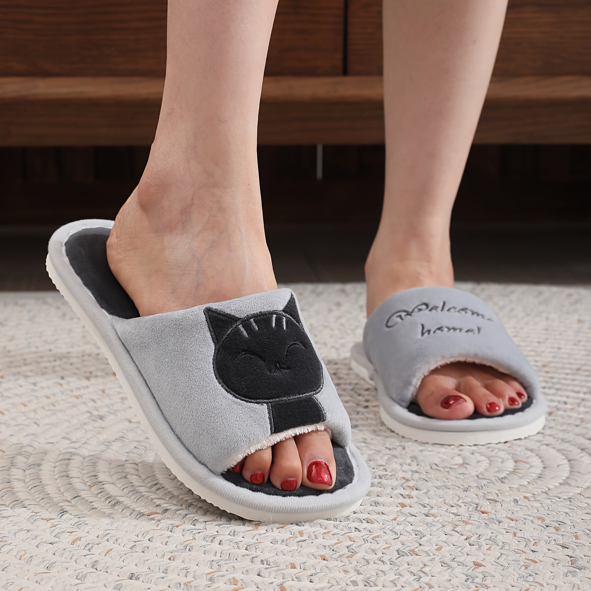 Women's Cute Cat Pattern Slippers, Open Toe Indoor Flat Fuzzy Shoes, Warm & Cozy Bedroom Floor Slippers