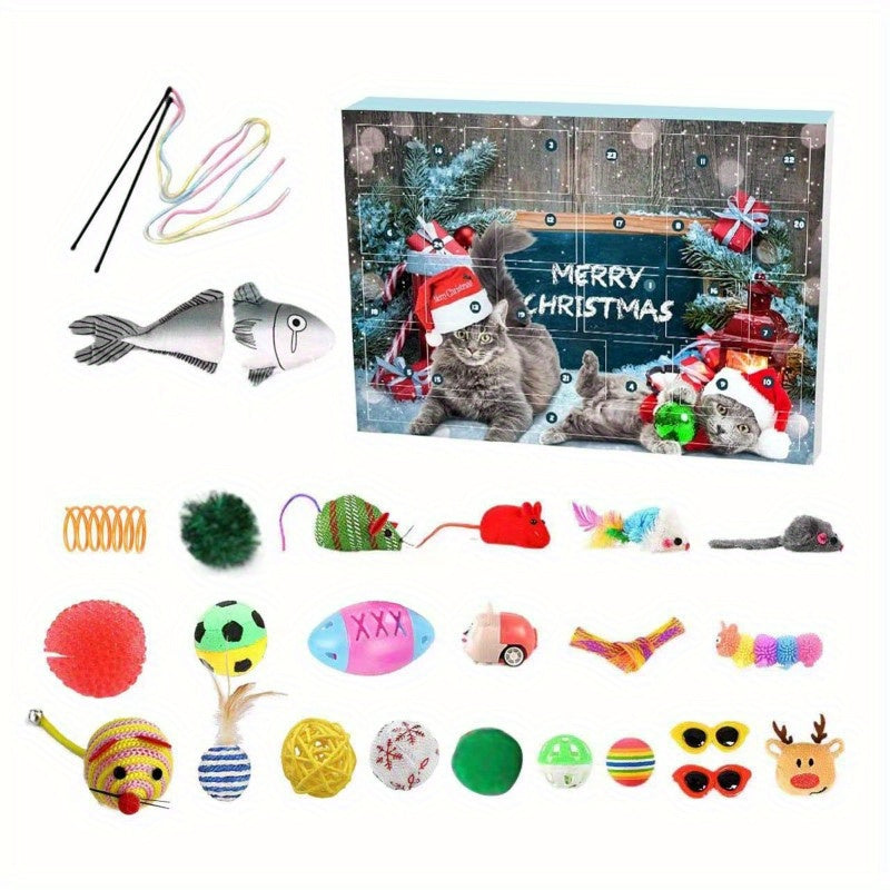 Cat Advent Calendar 2024, 24 Day Countdown to Christmas Cat Gifts with Assorted Cat Interactive Toys Countdown Calendar for Kitten Flurry Friends