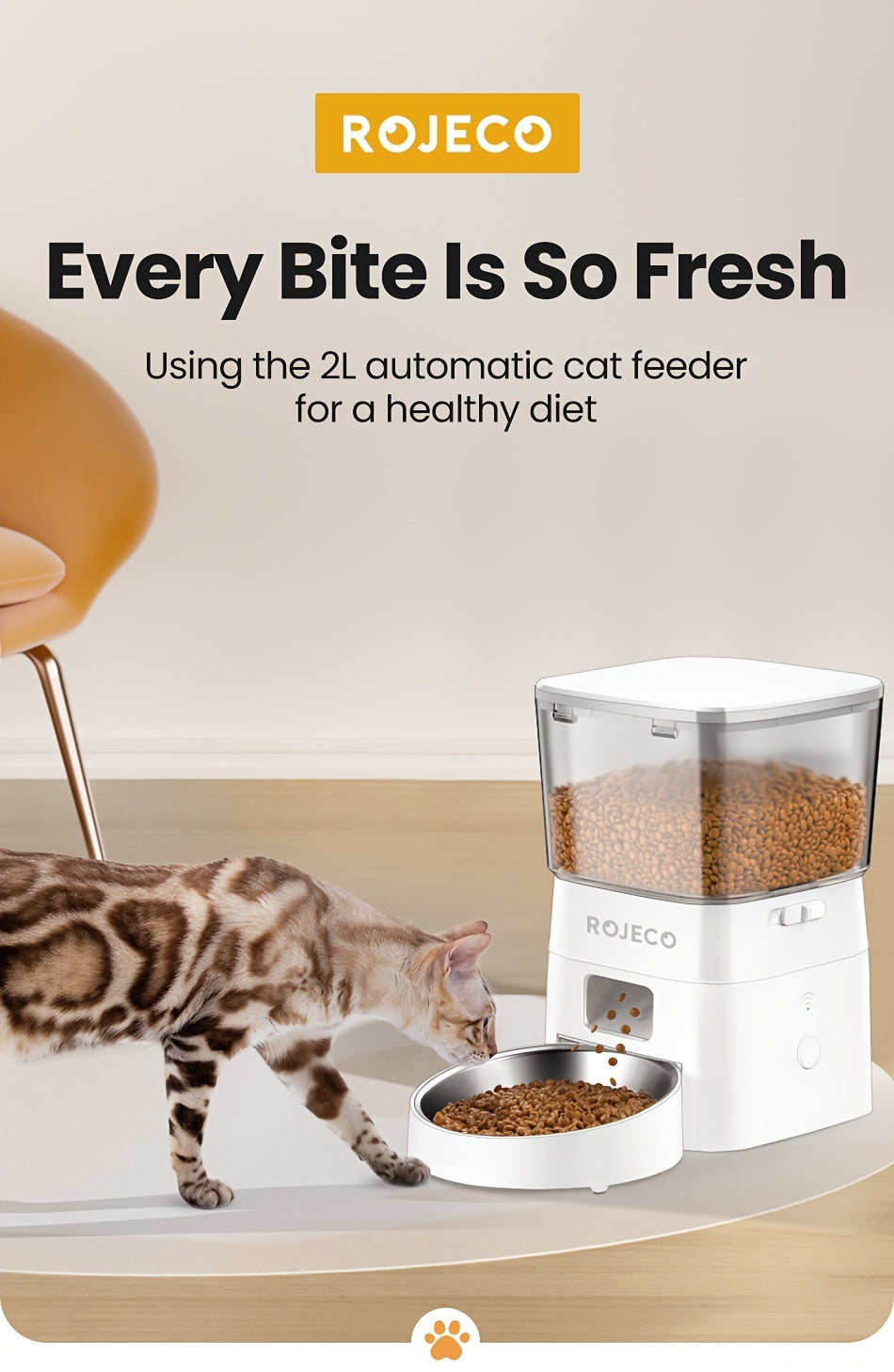 ROJECO Automatic Cat Feeder, 2L/68oz WiFi Automatic Cat Food Dispenser With App Control, Timed Cat Feeder With Stainless Steel Bowl & Dual Power Supply, 1-6 Meals, No Adapter Included