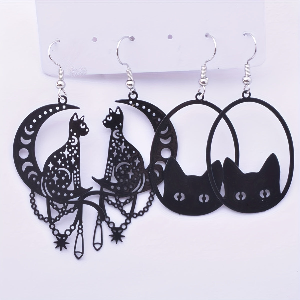 2 Pairs/Set Whimsical Black Cat Moon Hanging Pendant Earrings - Fashionable Golden Color Drop Earrings Jewelry with Lovely Animal Design - Ideal Gift Choice for Girls and Cat Lovers