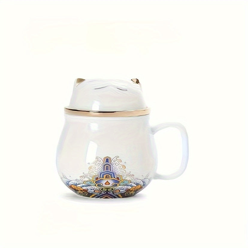 1pc Whimsical Chinese Style Lucky Cat Ceramic Tea Mug - Infused with Tea Infuser and Lid, Perfect for Summer and Winter Drinks, Unique Birthday, Holiday, Christmas, and New Year Gift Idea