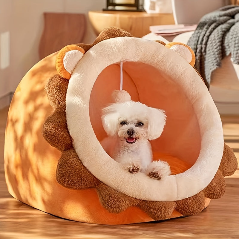Cartoon Lion Shaped Cat Bed, Semi-enclosed Cat Kennel House Plush Cat Cave Nest For Indoor Cats