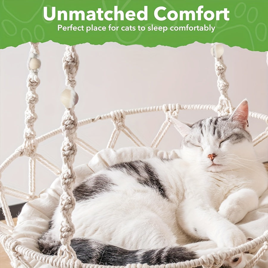 [Elegant Cat Hammock Basket] Handmade Woven Cat Hammock Basket - 1pc Soft All-Season Pet Swing with Checkered Cushion, Light Beige-Friendly Design, Easy Assembly for Indoor/Outdoor Use, Perfect Halloween Gift for Cats & Small