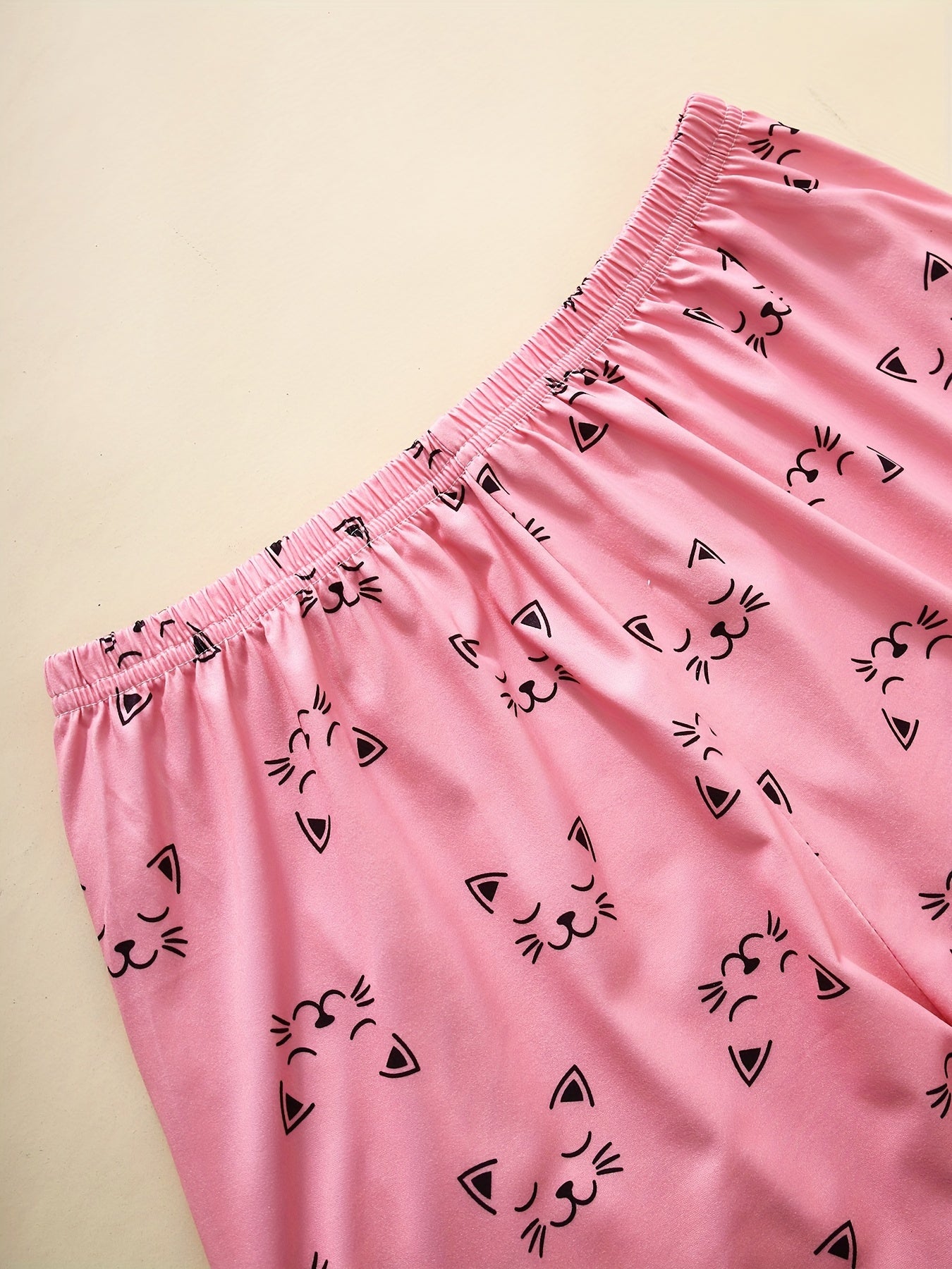 Cute Cat Print Pajama Set, Short Sleeve Crew Neck Top & Shorts & Pants, Women's Sleepwear & Loungewear