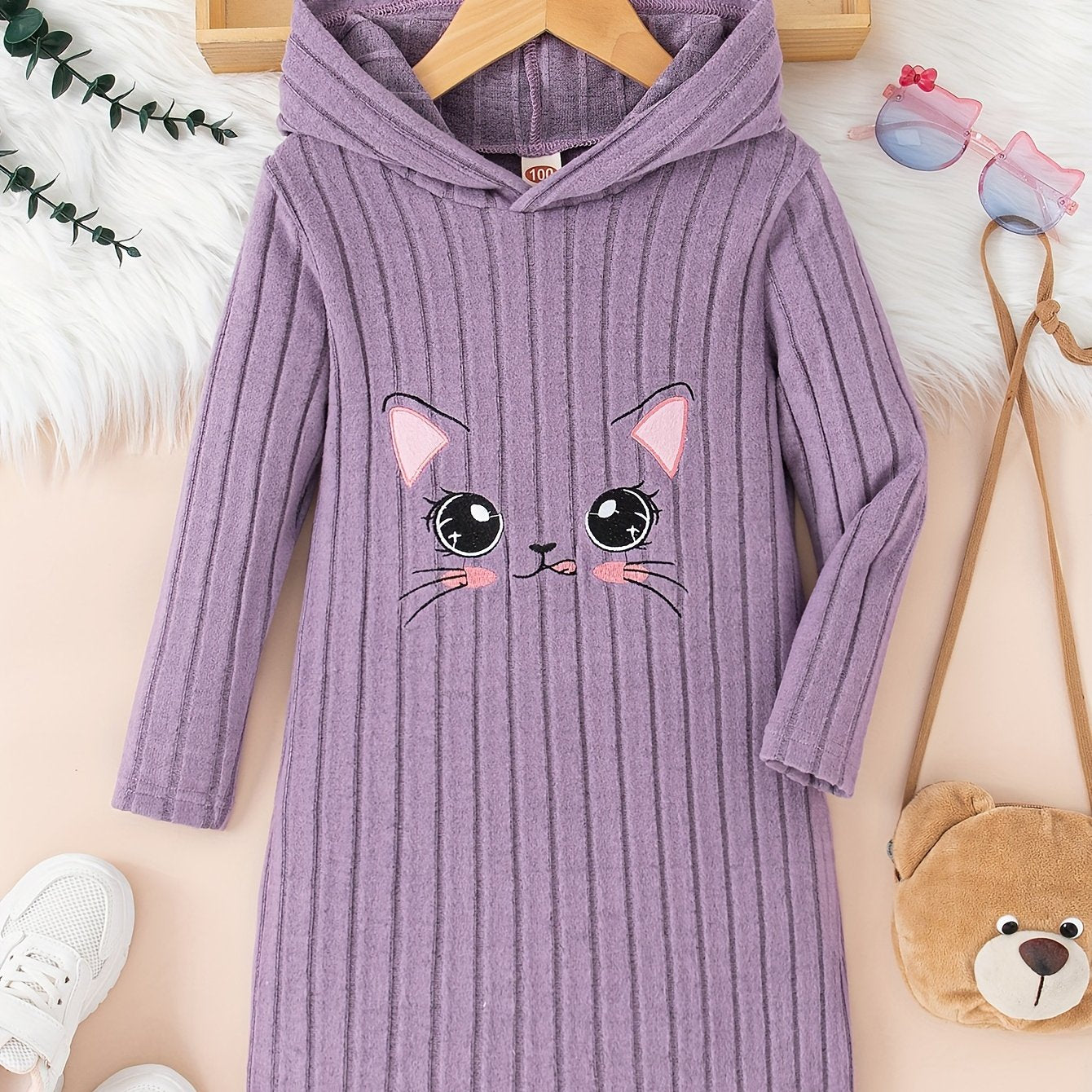 Girls Cat Pattern Knitted Long Sleeve Hooded Dress For Spring Fall Outdoor Activities