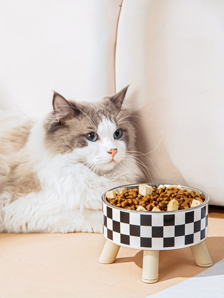 Elevated Whisker Delight Cat Bowl - Vibrant Graphic Pattern, Sturdy Wooden Stand, Easy-to-Clean, Raised Design - Perfect for Indoor Feline Friends, Spacious Feeder Bowl, Convenient Water Basin