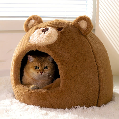 1pc Cozy Brown Bear Shaped Cat Bed - Portable Cat House & Condo for Indoor Cats - Thickened, Soft, and Warm Pet Bed for Ultimate Comfort and Relaxation