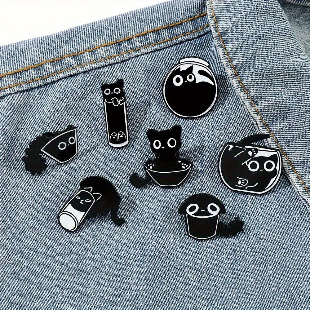 7pcs Black Cat Paint Badge Brooch Set Cute Lovely Alloy Brooch Jewelry Animal Theme Accessories