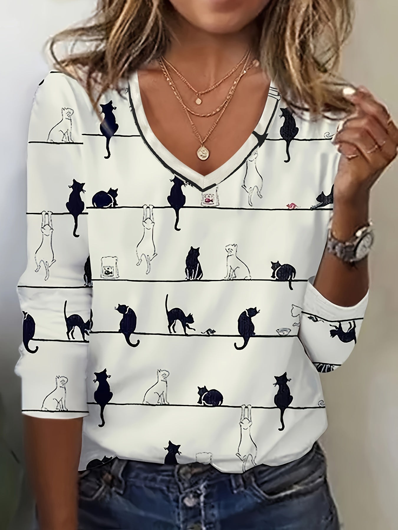Cute Cat Print V Neck T-shirt, Casual Long Sleeve Top For Spring & Fall, Women's Clothing