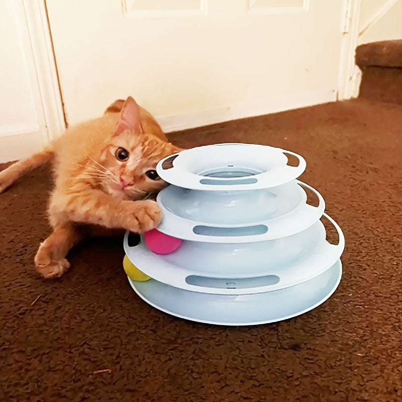 Cat Three Layer Turntable Toy Educational Play Track Tower Cat Teaser Toy Dish For Indoor Cats - Interactive Cat Ball Toy For Indoor Cats With Three Colorful Balls Exerciser Game & Funny Puzzle Kitty Toys