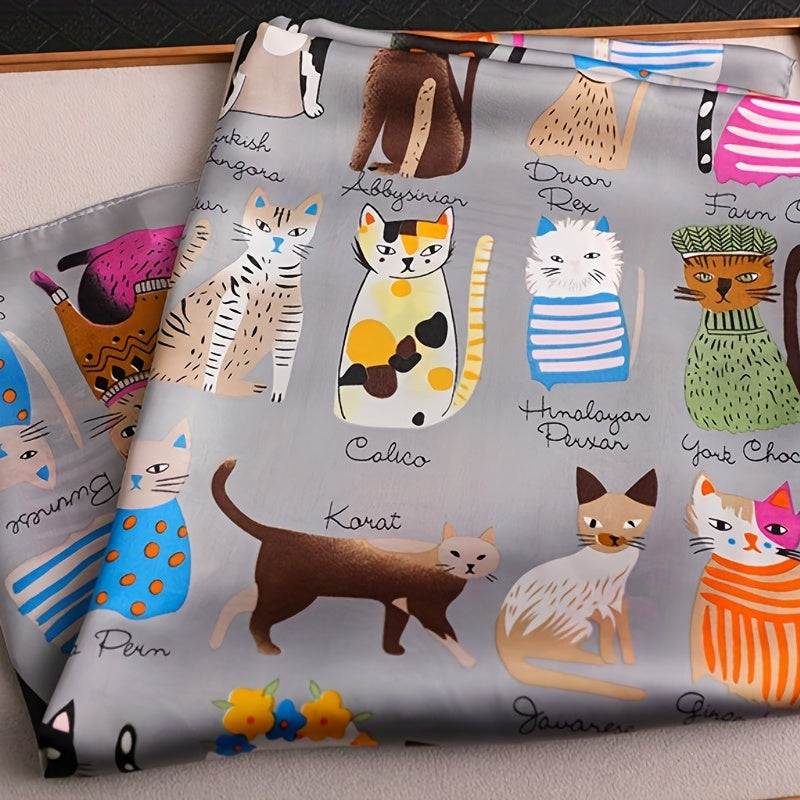 Cartoon Cat Pattern Polyester Square Scarf for Women, Cute Style, Decorative & Windproof, Breathable, Non-Elastic, with Hand Wash/Dry Clean for Parties