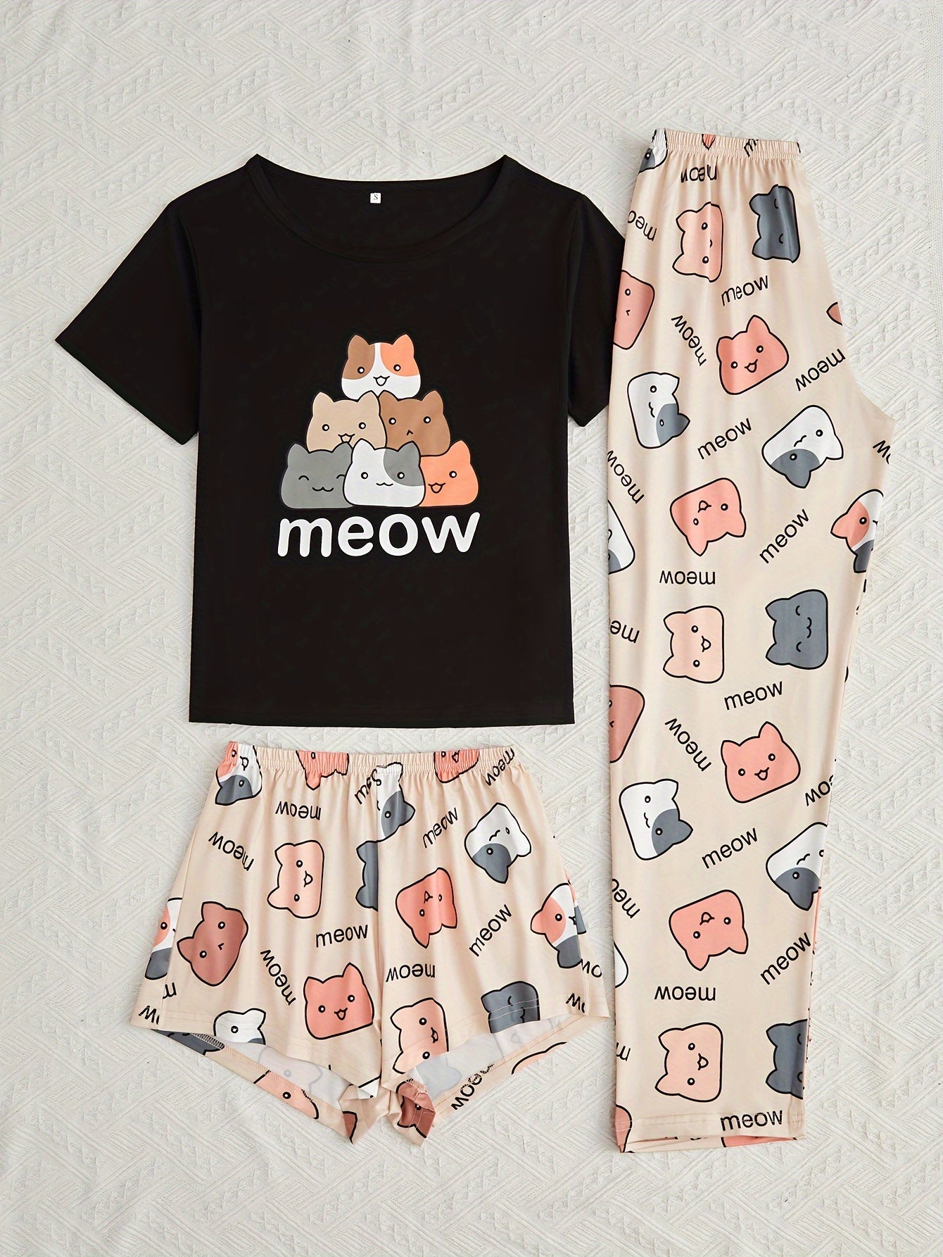 Cartoon Cat & Letter Print Pajama Set, Short Sleeve Crew Neck Top & Shorts & Pants, Women's Sleepwear & Loungewear